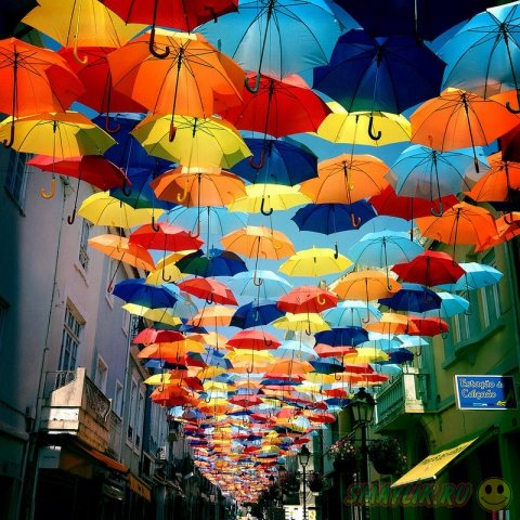 Португалия: Улочки с красочными зонтиками